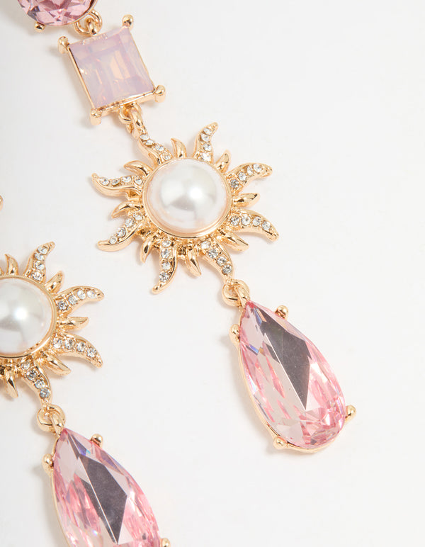 Gold Pink Diamante & Pearl Sun Drop Earrings
