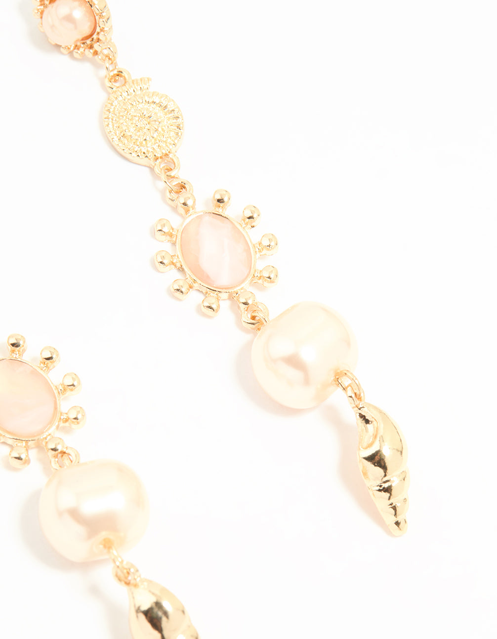 Gold Pearl & Pink Stone Drop Earrings