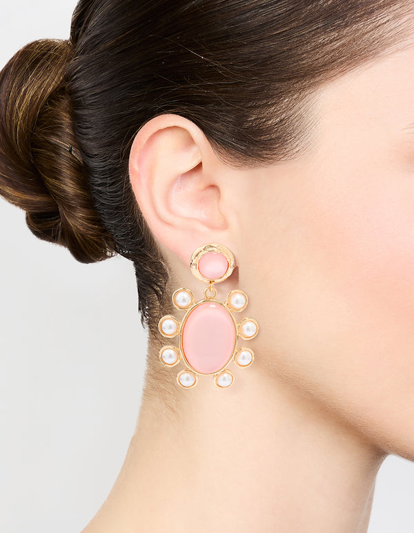 Gold Pink Stone Flower Drop Earrings