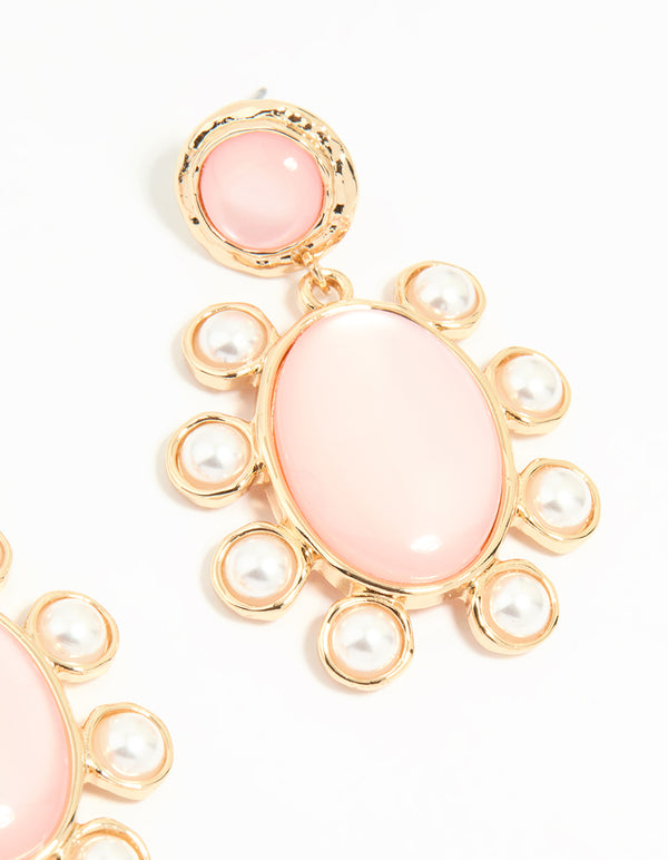 Gold Pink Stone Flower Drop Earrings