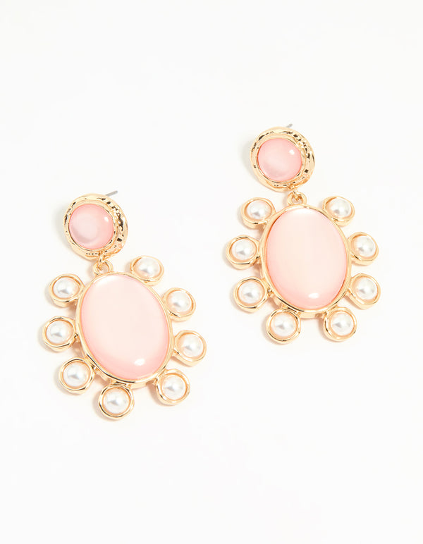 Gold Pink Stone Flower Drop Earrings