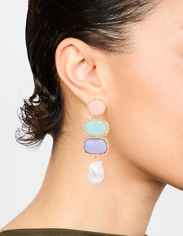 Gold Pearl Pink, Green & Blue Stone Drop Earrings