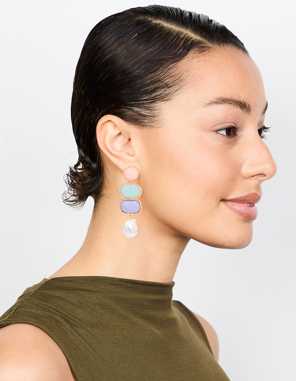 Gold Pearl Pink, Green & Blue Stone Drop Earrings