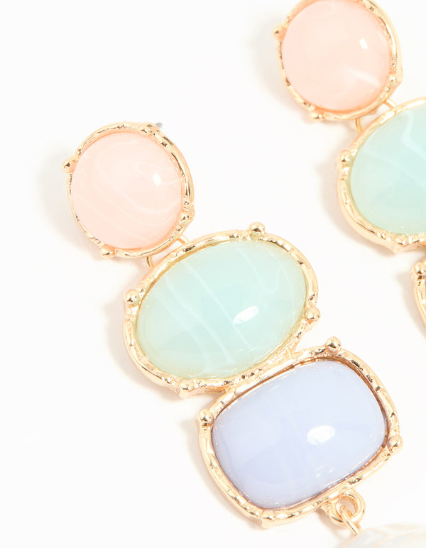 Gold Pearl Pink, Green & Blue Stone Drop Earrings