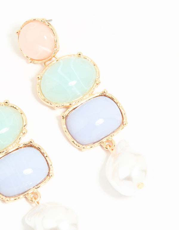 Gold Pearl Pink, Green & Blue Stone Drop Earrings