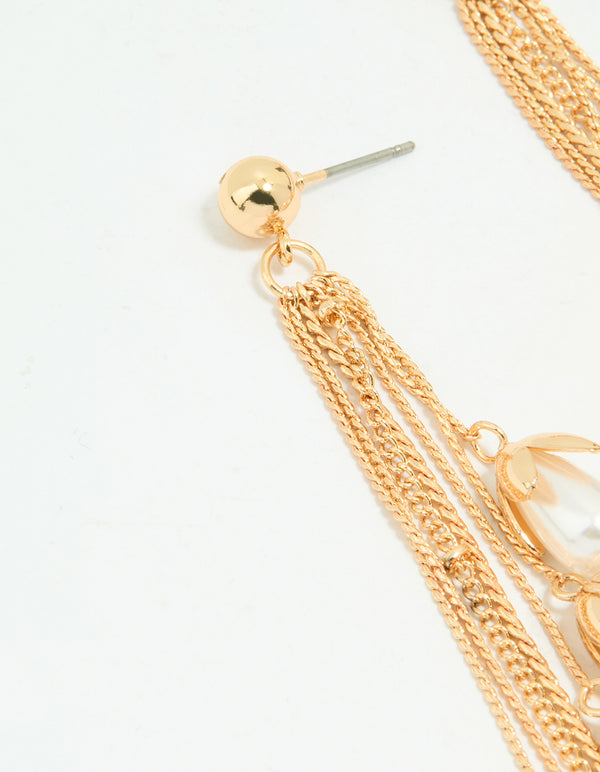 Gold Pearl Petal Chain Drop Earrings