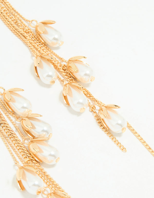 Gold Pearl Petal Chain Drop Earrings