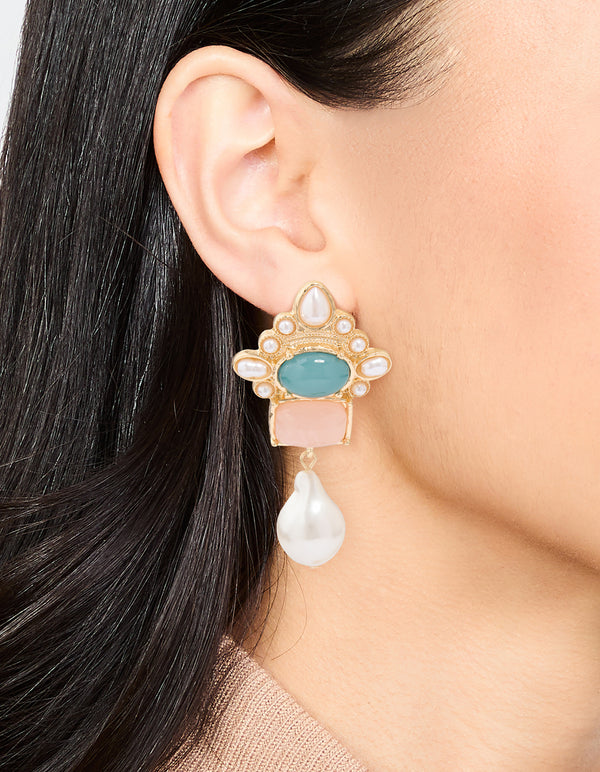 Gold Pearl Pink & Blue Stone Drop Earrings