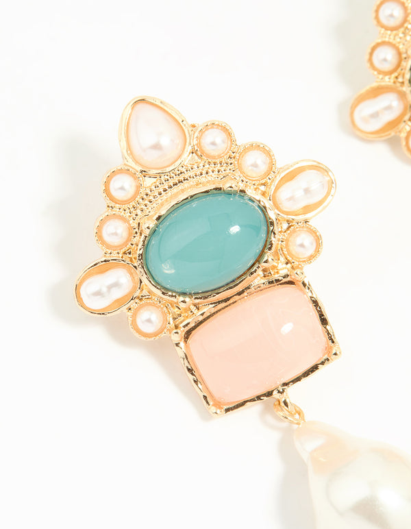 Gold Pearl Pink & Blue Stone Drop Earrings