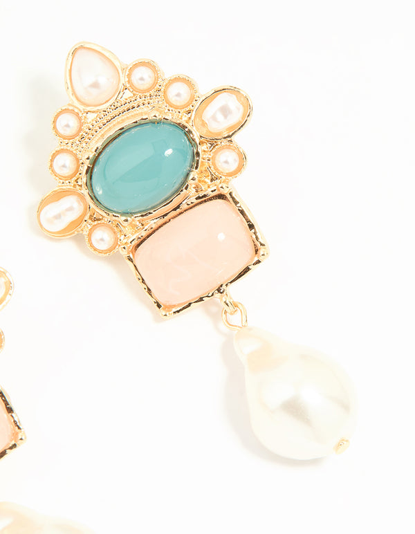 Gold Pearl Pink & Blue Stone Drop Earrings