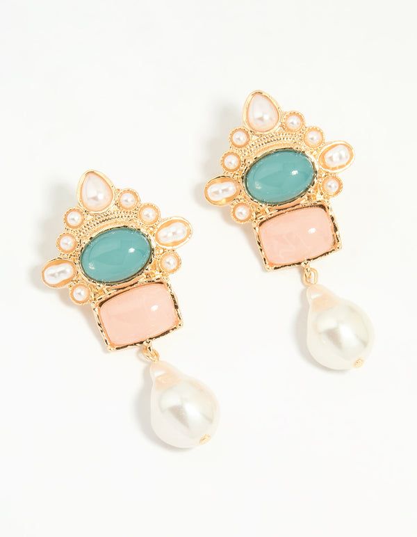 Gold Pearl Pink & Blue Stone Drop Earrings