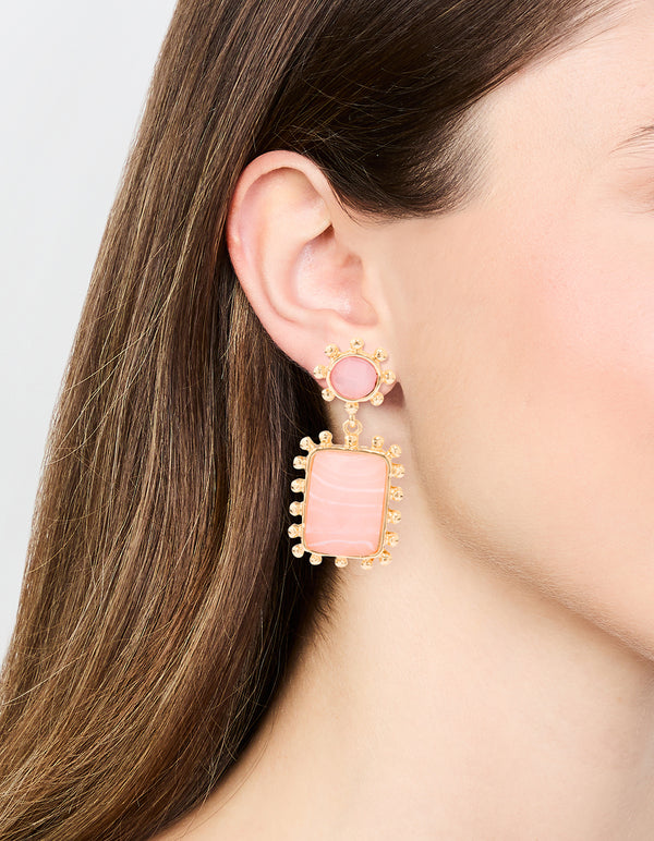 Gold Pink Stone Square Drop Earrings