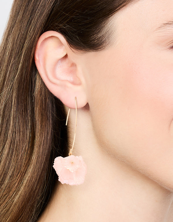 Gold Wire Pink Floral Drop Earrings