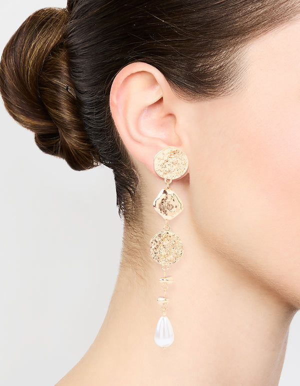 Gold Pearl Hammered Drop Earrings