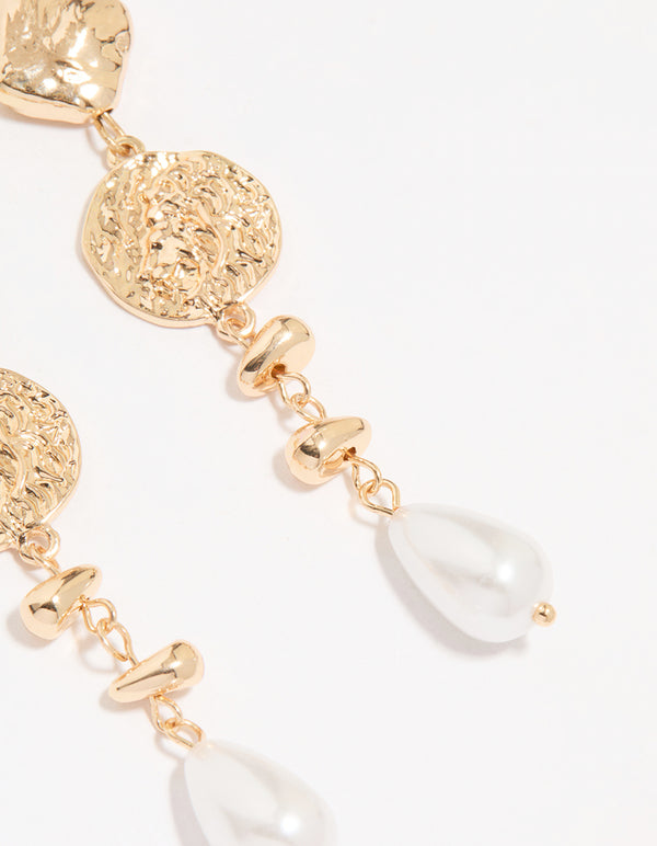 Gold Pearl Hammered Drop Earrings