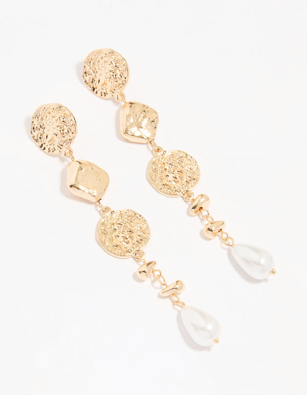 Gold Pearl Hammered Drop Earrings