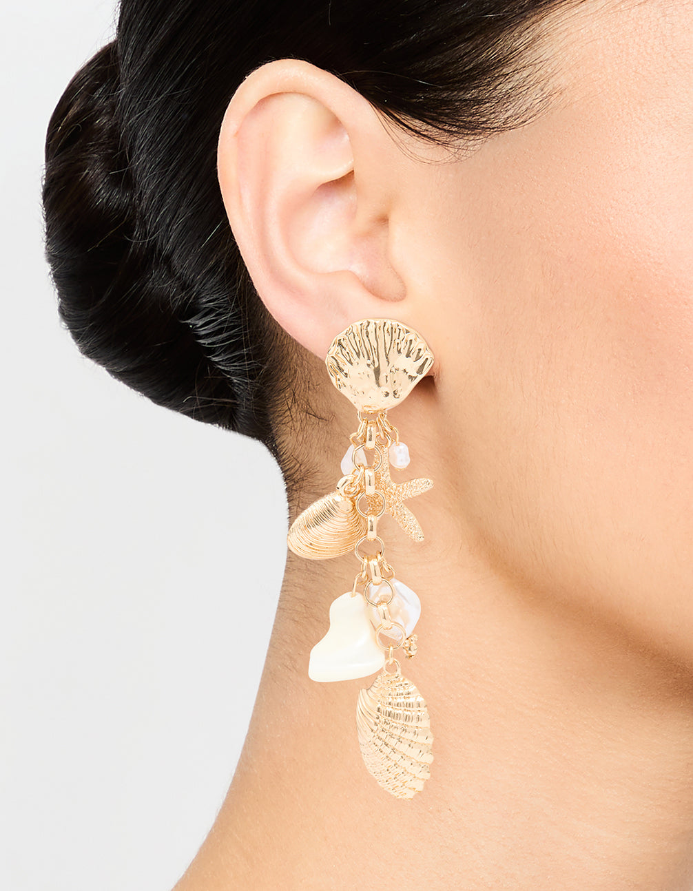 Gold Pearl & Ribbed Shall Charm Drop Earrings