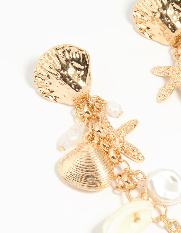Gold Pearl & Ribbed Shall Charm Drop Earrings
