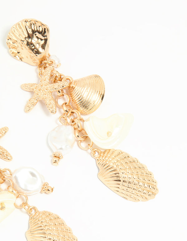 Gold Pearl & Ribbed Shall Charm Drop Earrings