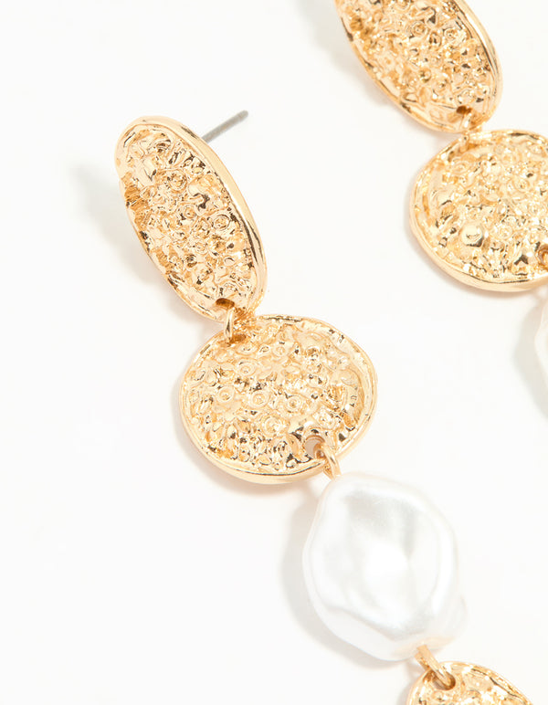 Gold Pearl Textured Drop Earrings