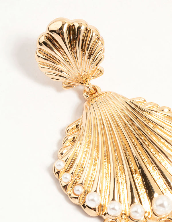 Gold Shell Pearl Drop Earrings