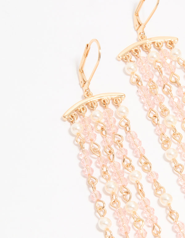 Gold Pearl & Pink Beaded Drop Earrings