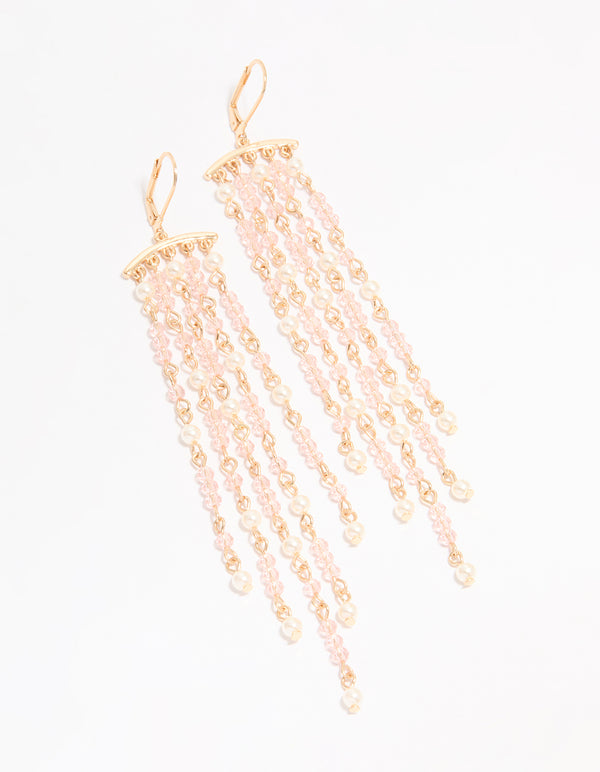 Gold Pearl & Pink Beaded Drop Earrings