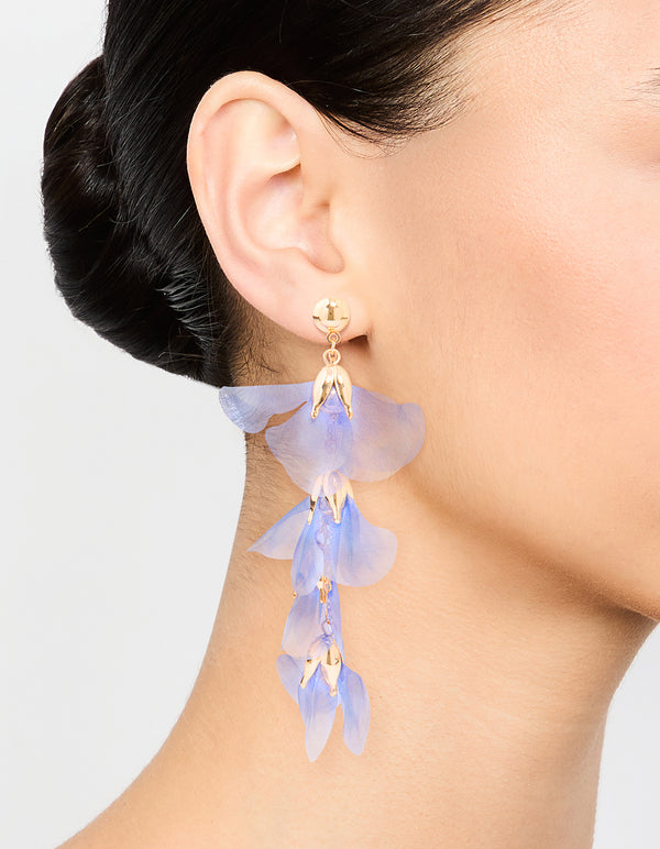 Blue Fabric Flower Chain Drop Earrings
