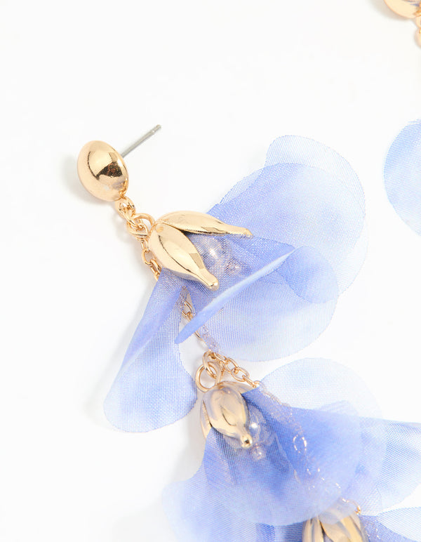 Blue Fabric Flower Chain Drop Earrings