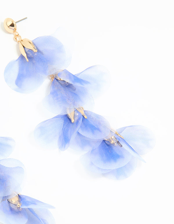Blue Fabric Flower Chain Drop Earrings