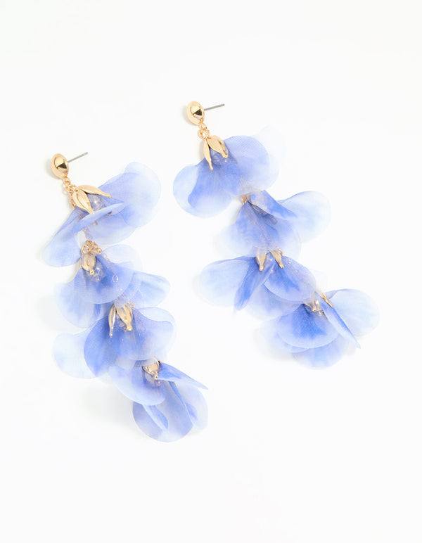Blue Fabric Flower Chain Drop Earrings