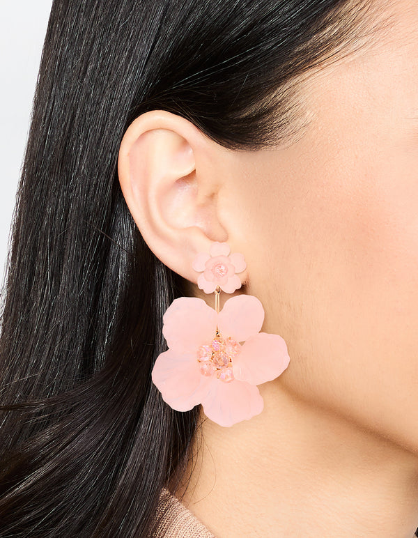 Pink Flower Layered Drop Earrings