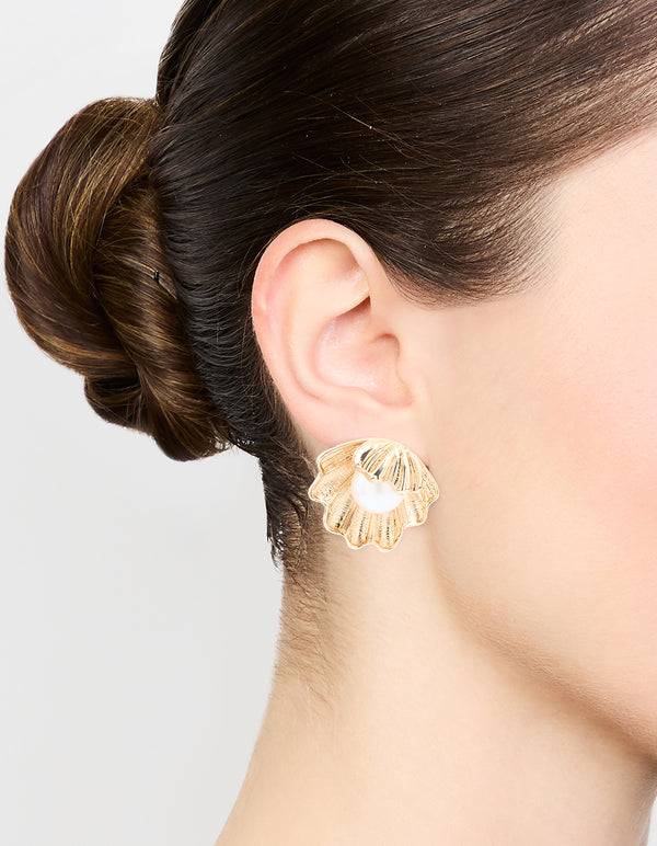 Gold Clam Pearl Stud Earrings