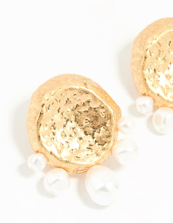 Gold Pearl Hammered Disc Stud Earrings