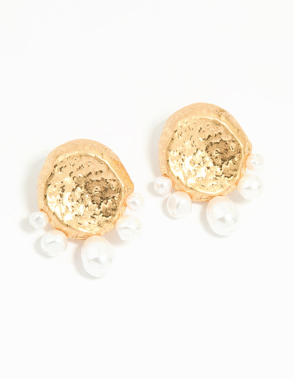 Gold Pearl Hammered Disc Stud Earrings
