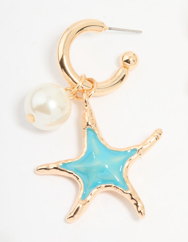 Gold Pearl & Blue Starfish Charm Huggie Earrings