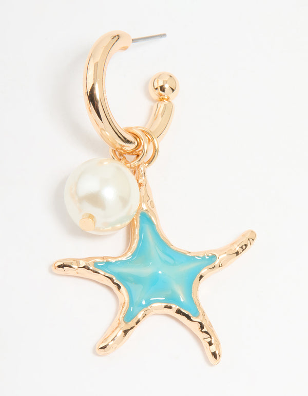 Gold Pearl & Blue Starfish Charm Huggie Earrings