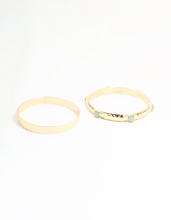 Gold Hammered & Green Gem Bangles 2-Pack