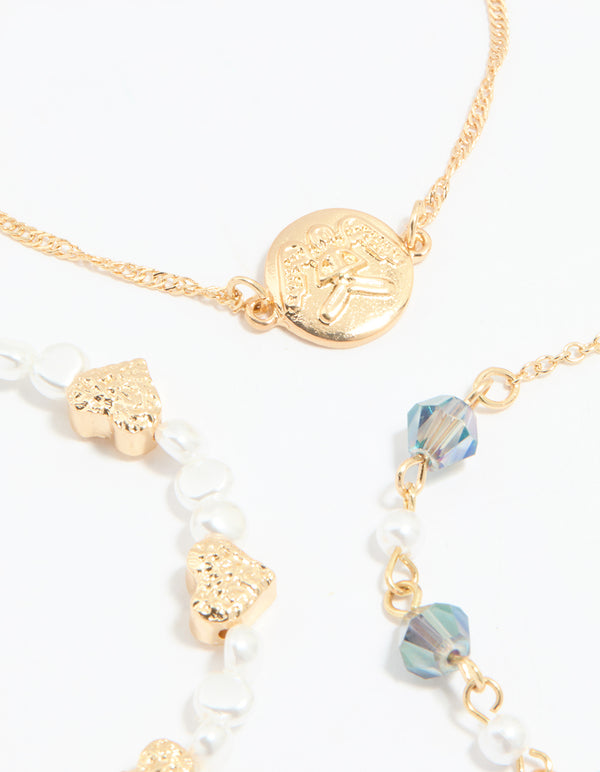 Gold Pearl Heart Beaded Bracelets 3-Pack