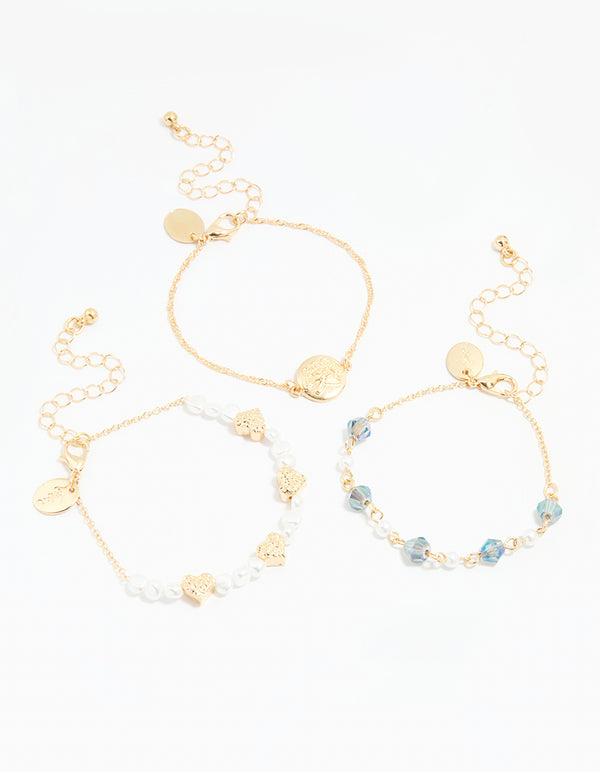 Gold Pearl Heart Beaded Bracelets 3-Pack