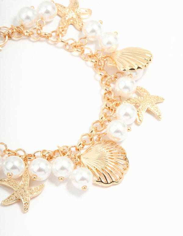 Gold Pearl Mixed Ocean Charm Bracelet