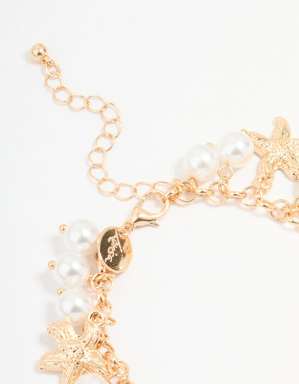 Gold Pearl Mixed Ocean Charm Bracelet