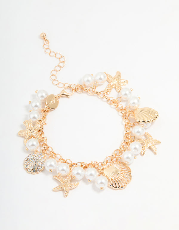 Gold Pearl Mixed Ocean Charm Bracelet