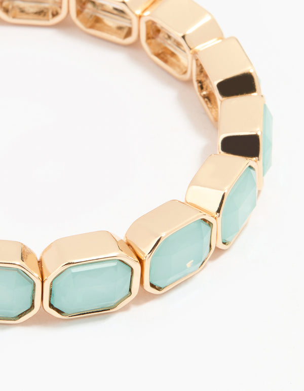 Gold Blue Beaded Octagon Stretch Bracelet