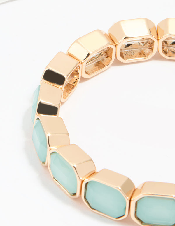 Gold Blue Beaded Octagon Stretch Bracelet