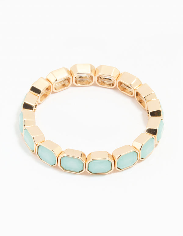 Gold Blue Beaded Octagon Stretch Bracelet