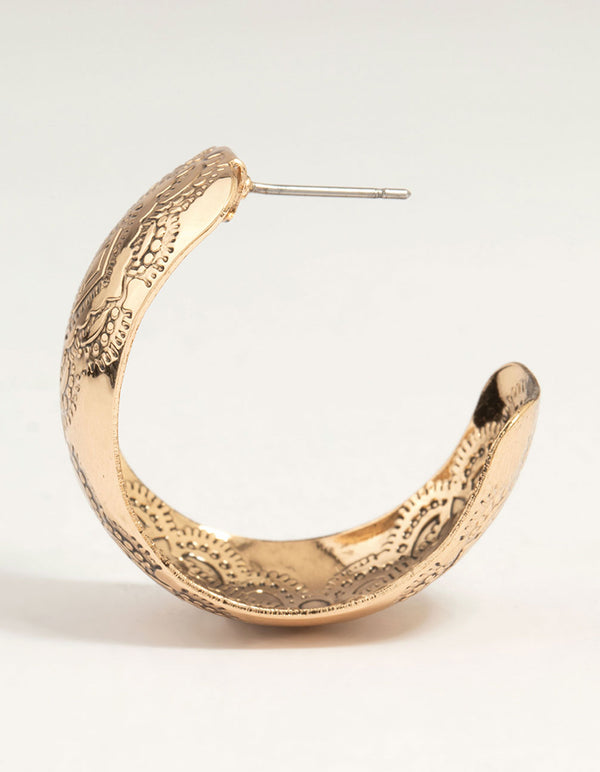 Antique Gold Pattern Wide Hoop Earrings
