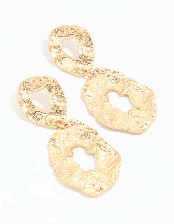 Gold Hammered Circle Drop Earrings