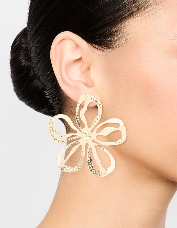 Gold Cut Out Large Flower Stud Earrings