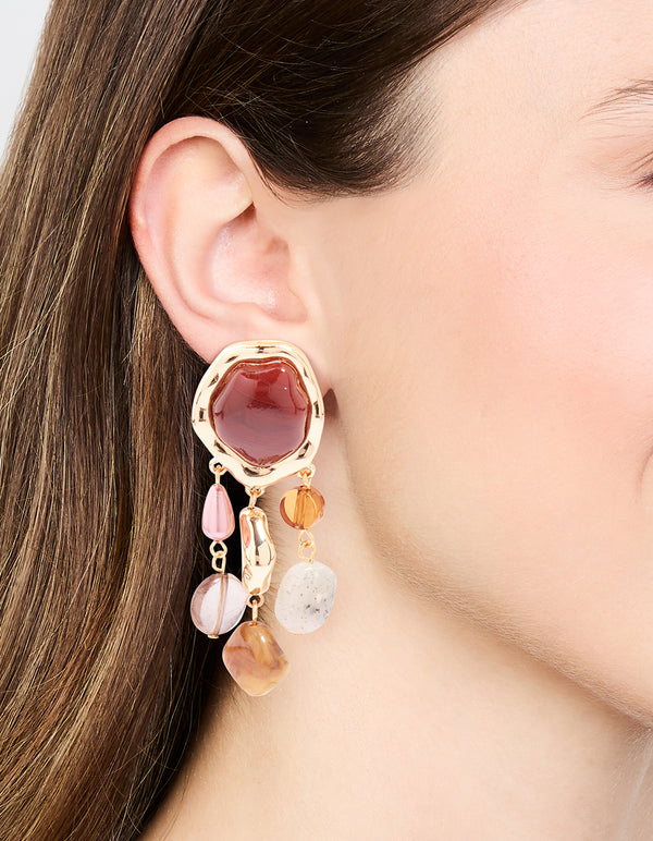 Gold Triple Molten Stone Drop Earrings